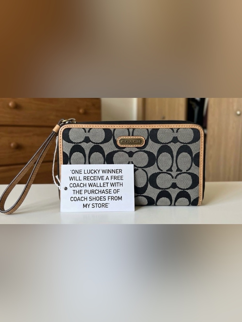 Coach Signature Canvas Zip Wallet in Black & Light Brown Trim